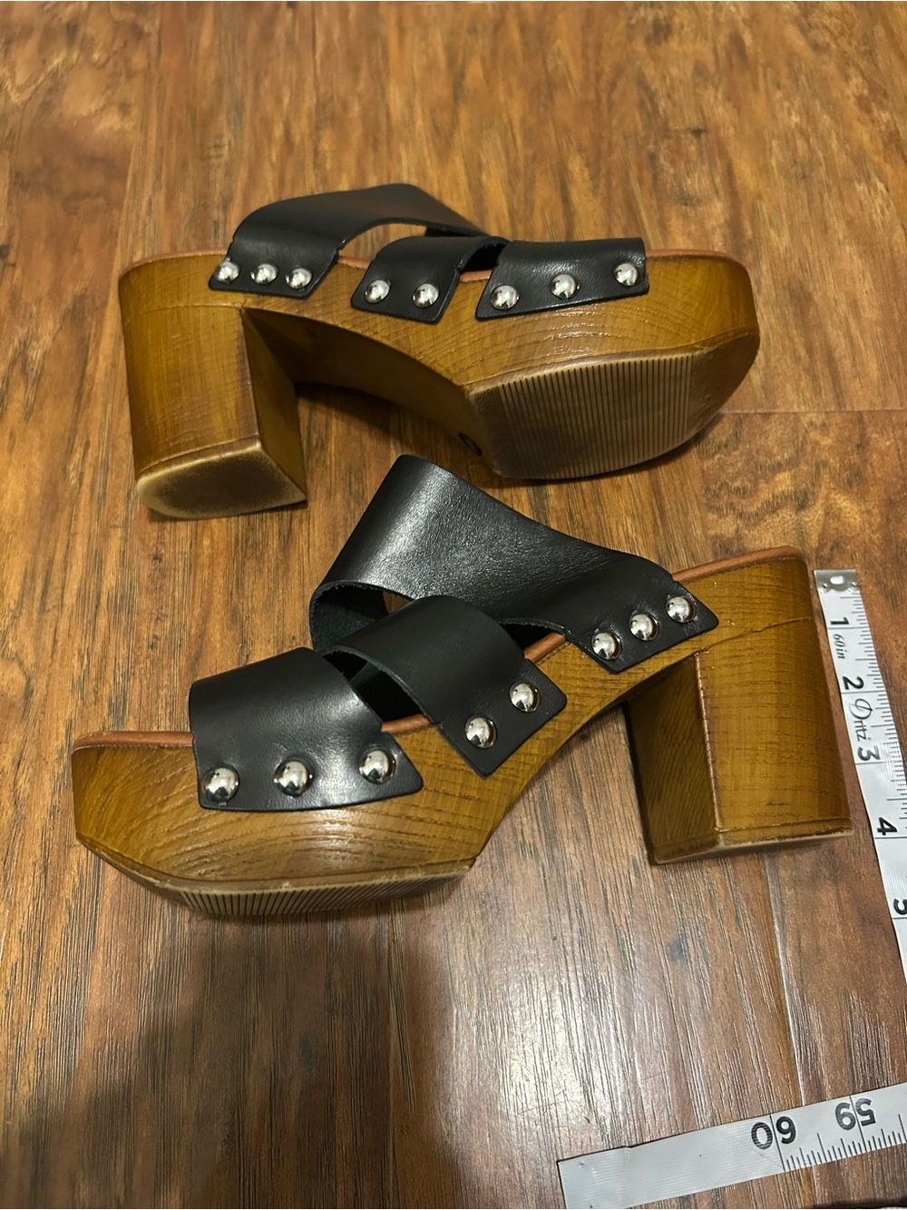 Black Leather Silver Studded Wood Platform Mules Slide-On Hippie Y2K Boho 90s - Picture 7 of 16